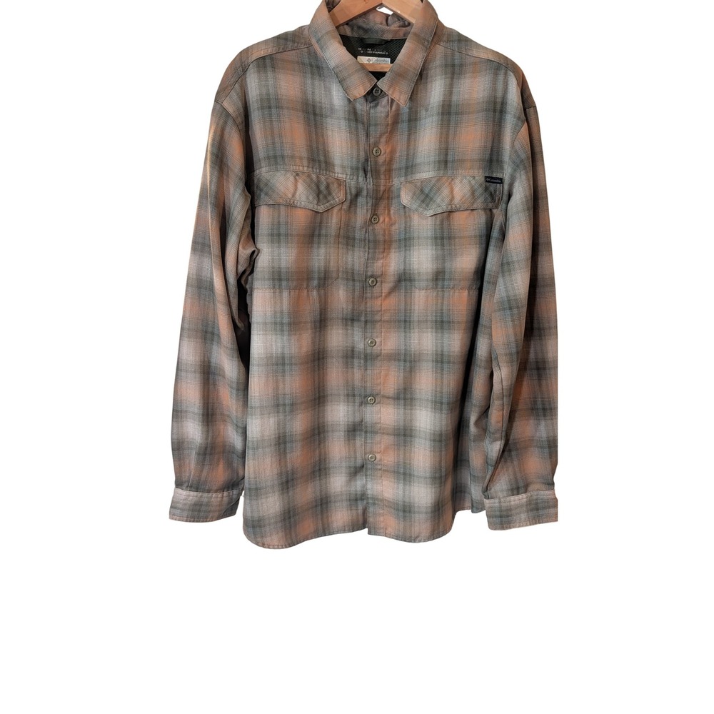 Columbia Mens XL Omni-Wick Plaid Long Sleeve Button Down Shirt Gray Orange